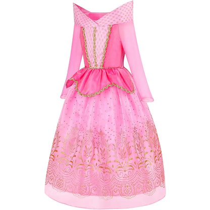 Sleeping Beauty Aurora Princess Dress Cosplay Off Shoulder Kids Gifts Fancy Halloween Party Girl Baby Lace Dress Set