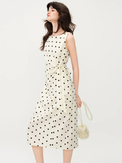 2026 New Summer Women's Polka Dot French Style Dress, Waist-Cinching Flowy Midi Dress for Coquette Chic & Daily Vacation