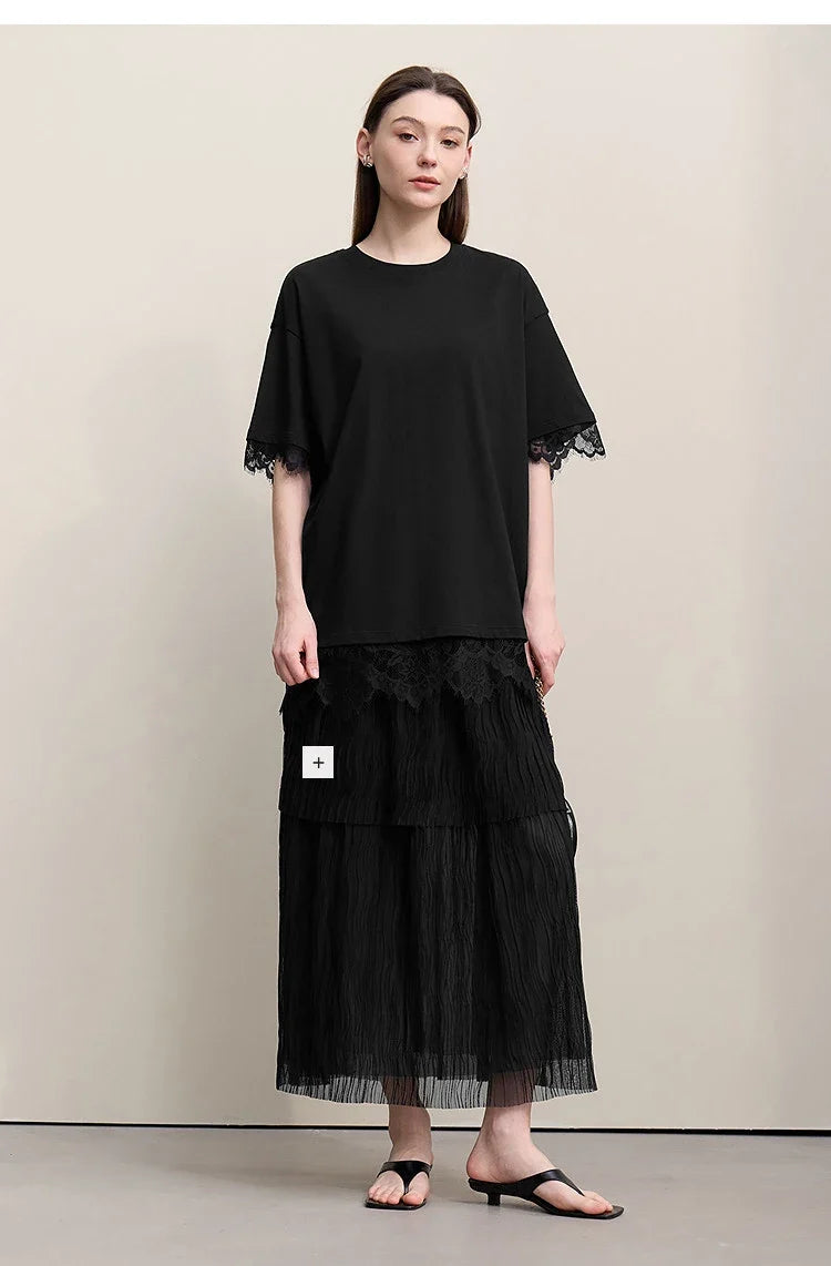 Women's T-Shirt 2026 Summer Round Neck Drop Shoulder Cotton Tee Lace Lace Patchwork Loose Side Slit Top For Women 12652004