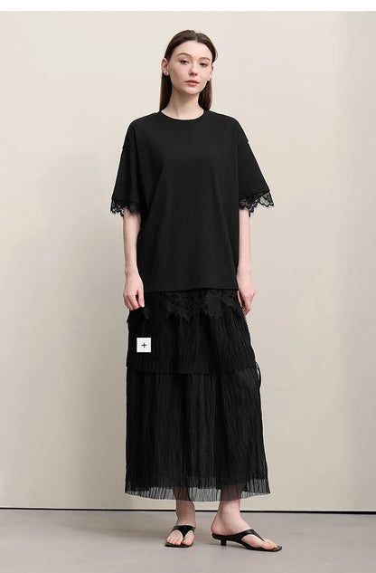 Women's T-Shirt 2026 Summer Round Neck Drop Shoulder Cotton Tee Lace Lace Patchwork Loose Side Slit Top For Women 12652004