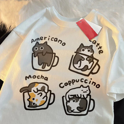 Cat Coffee Pure Cotton Trendy Summer Loose Short Sleeved T-shirt Men Women Original Mocha Latte Cat Three Flowers Fun Cat Tees