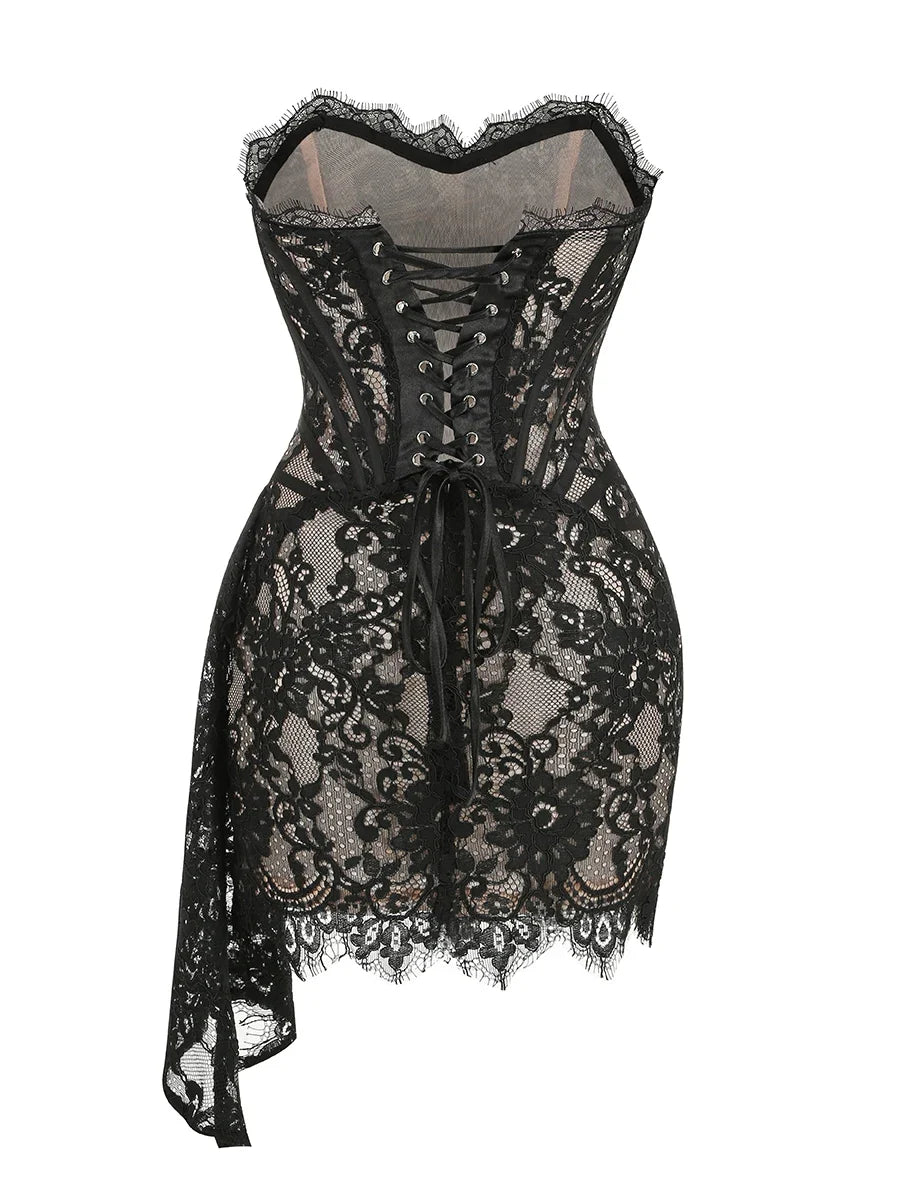 Christmas Dress For Women Red Lace Sexy Strapless Sleeveless Slim Supper Short Dress With Lace-Up