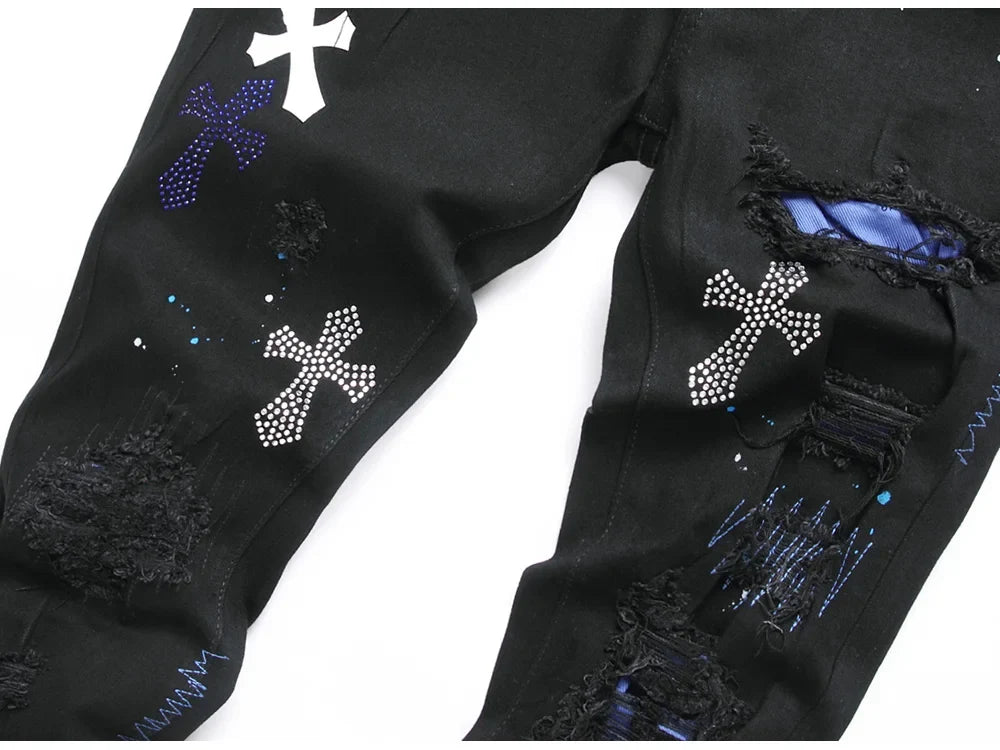 Men Crystal Cross Stretch Denim Jeans Holes Ripped Distressed Black Pants Embroidery Slim Tapered Trousers