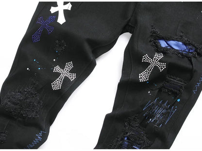 Men Crystal Cross Stretch Denim Jeans Holes Ripped Distressed Black Pants Embroidery Slim Tapered Trousers