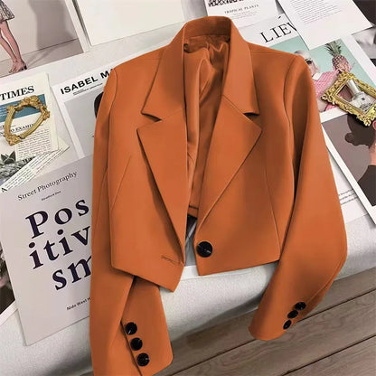 Autumn Solid Color Cropped Suit Jacket for Women Turn Down Collar Single Button Blazer Female Casual Office Lady Blazers Coat