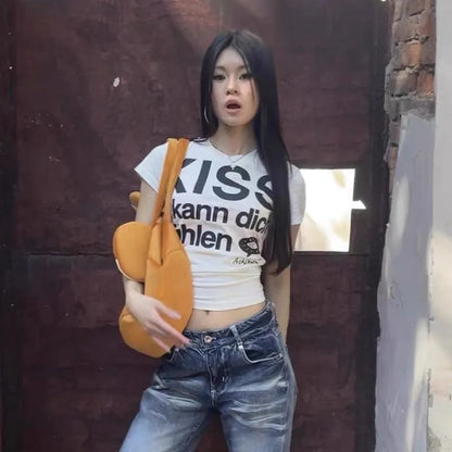 Karrram Japanese Y2k Letter Print T-shirt Trashy 2000s Style Crop Top Vintage Harajuku Short Sleeve Tee Shirt American Retro 90s