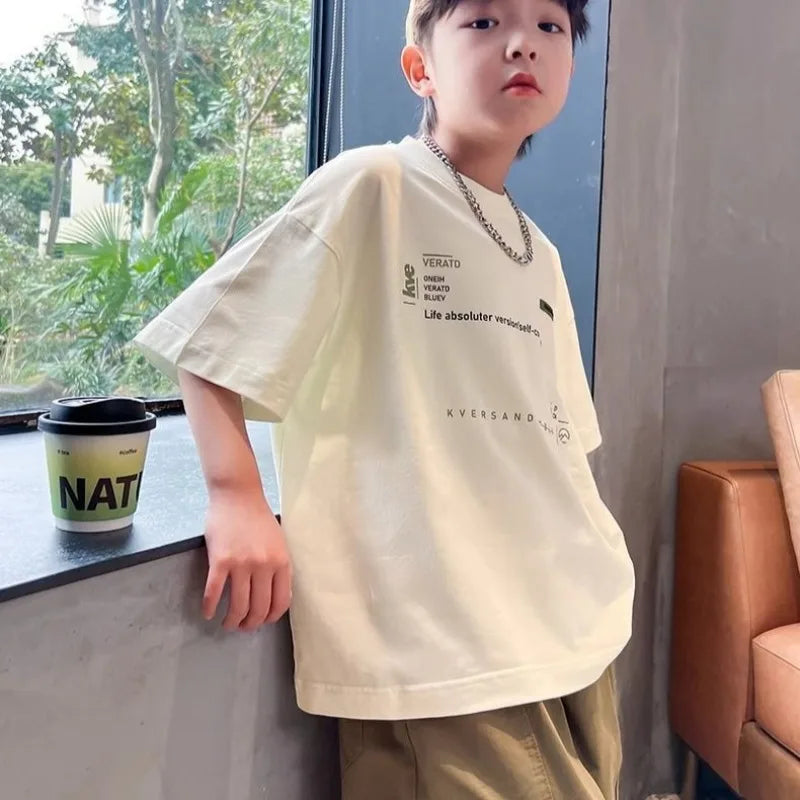 Cooling 100% Cotton Boys' Summer Short Sleeve T Shirt Big Tall Kids Loose Casual Trendy Hot Sale Apparel Wholesale