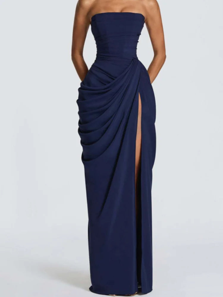 Lady Sexy Strapless Split Solid Pleated Dress Women Chic Backless High Waist Off-shoulder Dresses 2026 New Evening Party Gowns