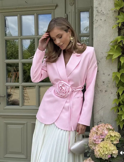 Women Notched Lapel Blazer with Floral Rose Belt Waist Tie Slim Long Sleeve Suit Jacket