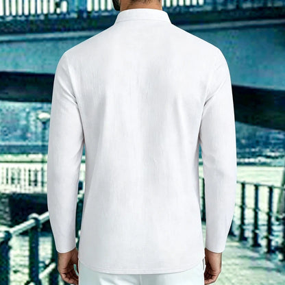 Men Mandarin Collar Long Sleeve Henley Cotton Linen Shirt Chest Pocket Breathable Beach Travel Daily Casual V Neck Top