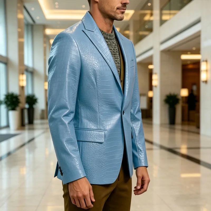 Vintage Men's Crocodile Embossed Leather Blazer Notch Lapel 1 Button Jacket Business Casual Formal Luxury Coat With Flap Pockets