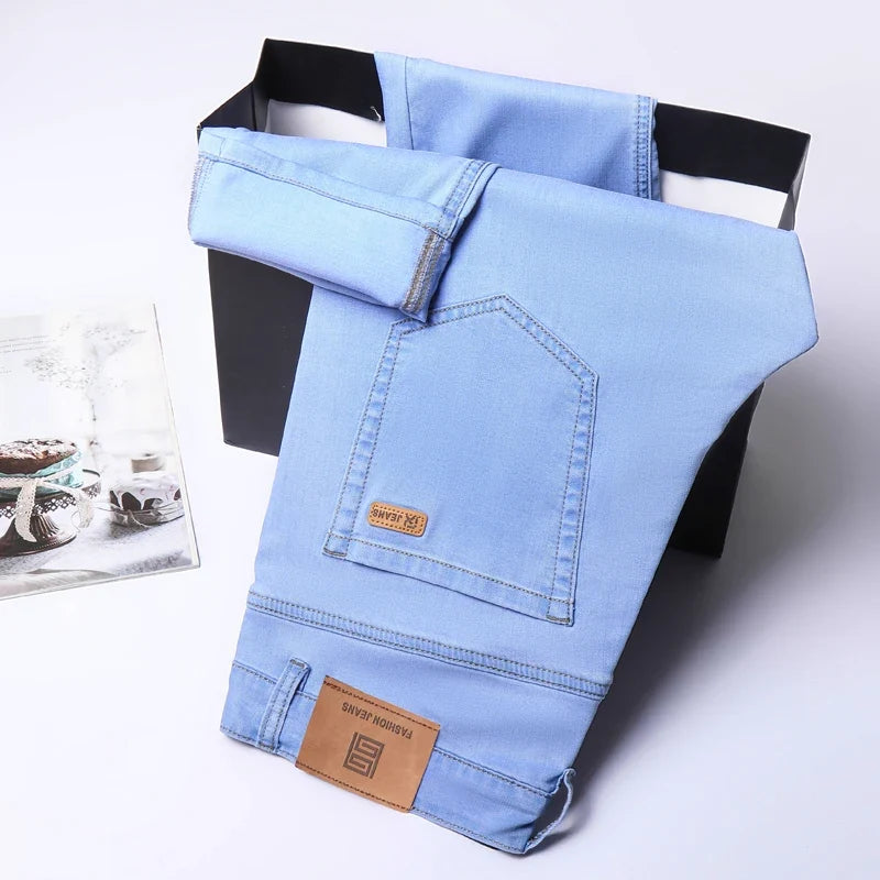 2025 Summer New Men's Sky Blue Slim Stretch Jeans Lyocell Thin Style Fashion Casual Ice Silk Denim Pants Male Brand Trousers