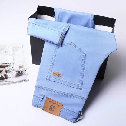 2025 Summer New Men's Sky Blue Slim Stretch Jeans Lyocell Thin Style Fashion Casual Ice Silk Denim Pants Male Brand Trousers