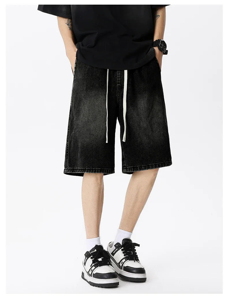 Casual Denim Shorts Men Elastic Waist Straight Comfortable Light Blue Soft Short Pants Baggy Wide Bermuda Male Jeans