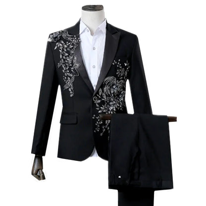 New Men Luxury Decal Suits Black / Red / Blue / White Fashion Singer Host Stage Performance Splicing Flower Blazers and Pants