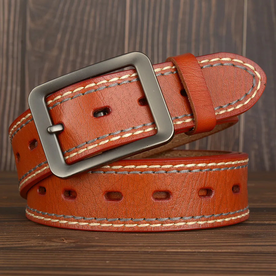 3.8CM Fashion Men Belts Genuine Leather Luxury Designer Vintage Thread Waist Belt For Jeans Cinturon Cowboy Hombre Dropshipping