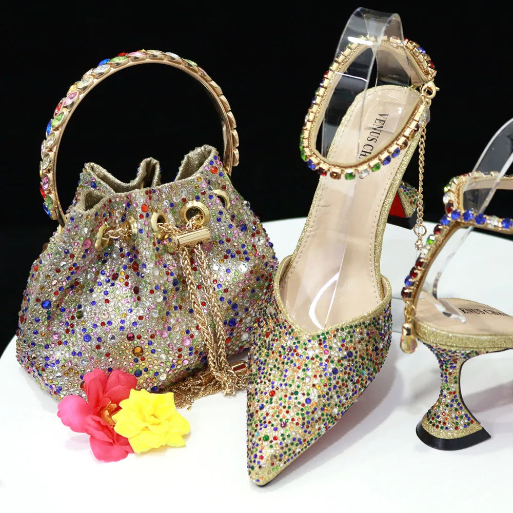 2023 Pointed Toe Heels Wedding Shoes for Women Bride Full Drilling Design Shoes With Matching Handbags for Ladies