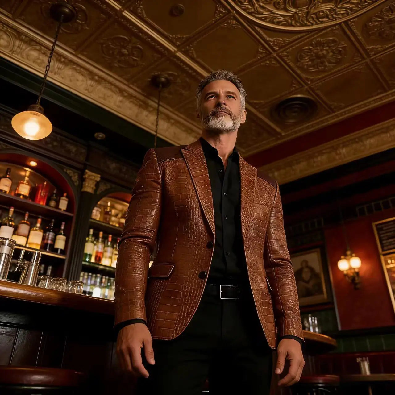 Men's Blazer Crocodile Embossed Leather Suit Jacket Shoulder Patch Notch Lapel Two Button Sport Coat Business Casual Flap Pocket