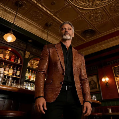 Men's Blazer Crocodile Embossed Leather Suit Jacket Shoulder Patch Notch Lapel Two Button Sport Coat Business Casual Flap Pocket