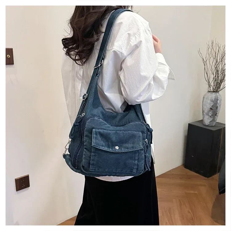 Solid Color Denim Trendy Shoulder Bag for 2025 High Quality Fashion Zipper Large Capacity Versatile Women's Crossbody Bag