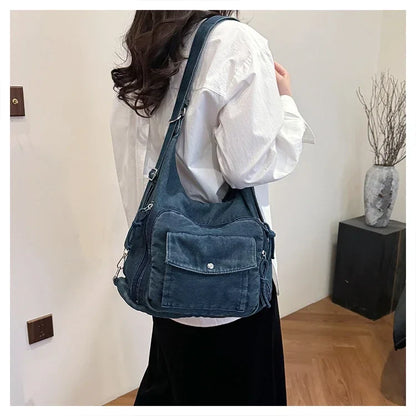 Solid Color Denim Trendy Shoulder Bag for 2025 High Quality Fashion Zipper Large Capacity Versatile Women's Crossbody Bag