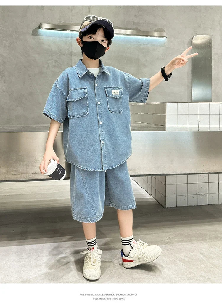 New Casual Kids Child Summer Denim Suit for Teenage Boy High Fashion Short Sleeve Shirt + Shorts 2 Pieces Clothing Set Age 5-14Y