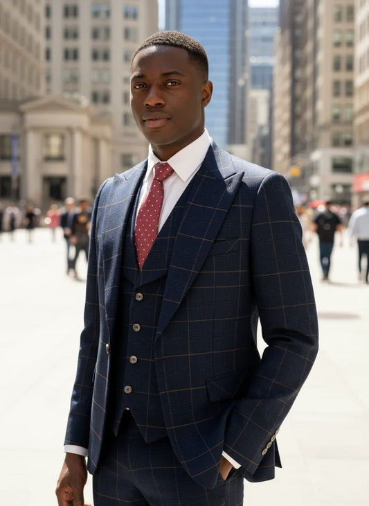 High Quality 3 Piece Checkered Suit Set Dark Blue Stylish Business Office Wedding Formal Outfit Elegant Full Man Dinner Suit