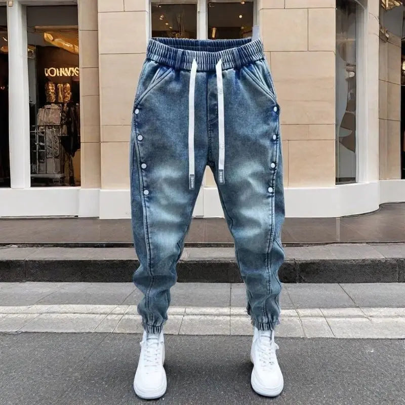 Drawstring Menswear Clothing Handsome Spring New Men's Jeans Korean Elastic Waist Buttons Decorative Fashion Harlan Pants Men