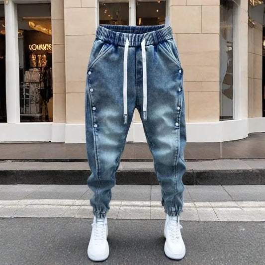 Drawstring Menswear Clothing Handsome Spring New Men's Jeans Korean Elastic Waist Buttons Decorative Fashion Harlan Pants Men