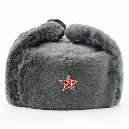 Soviet Badge Ushanka Men Winter Bomber Hats CCCP Pilot Faux Rabbit Fur Earflap Army Trapper Trooper Hat Russia Snow Cap