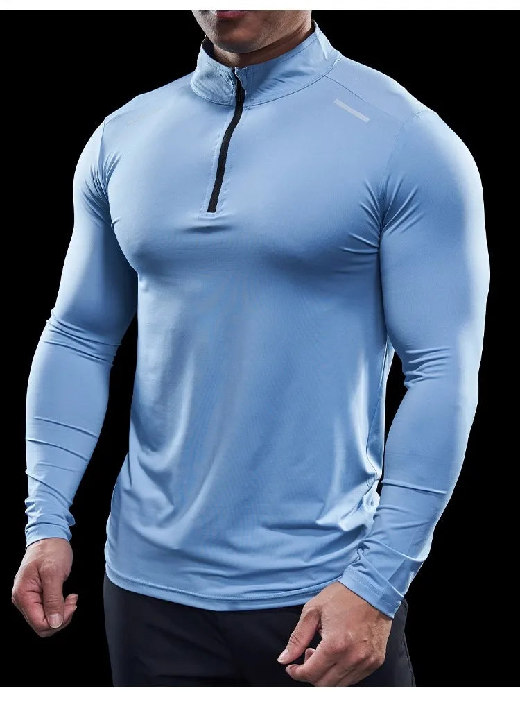 Men Stand Collar Zipper T-shirt Gym Running Training Fitness Bodybuilding Sport Top Quality Elastic Long Sleeve Tight Tops Tees