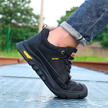 Black Leather Work Safety Shoes Waterproof Indestructible Steel Toe Cap Labor Shoes For Men Breathable Anti Smashing Sneakers
