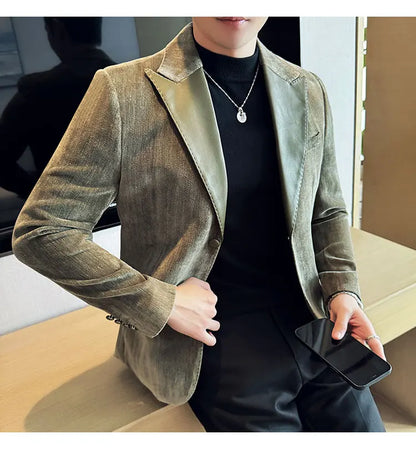 Splicing Leather Neck Fashion Suit Jacket Luxury Men's Business Slim Fit Social Formal Blazers Coats Wedding Groom Tuxedos 5XL-M