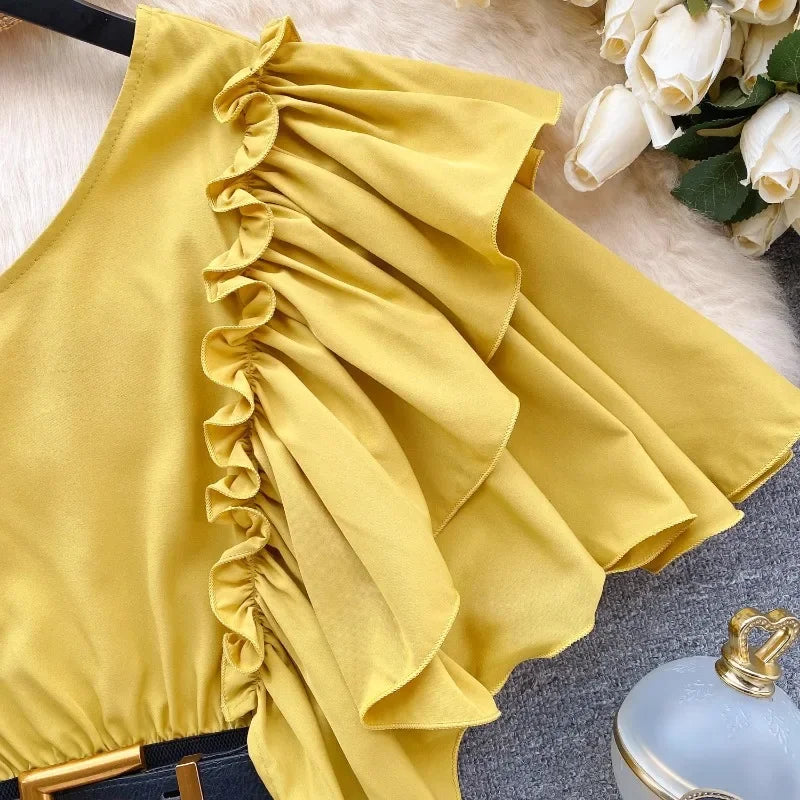 American Chic Blouse for Women Flounced Edge Skew Collar Bare Midriff Belt Skinny Shirts Summer Casual Female Tops Dropshipping