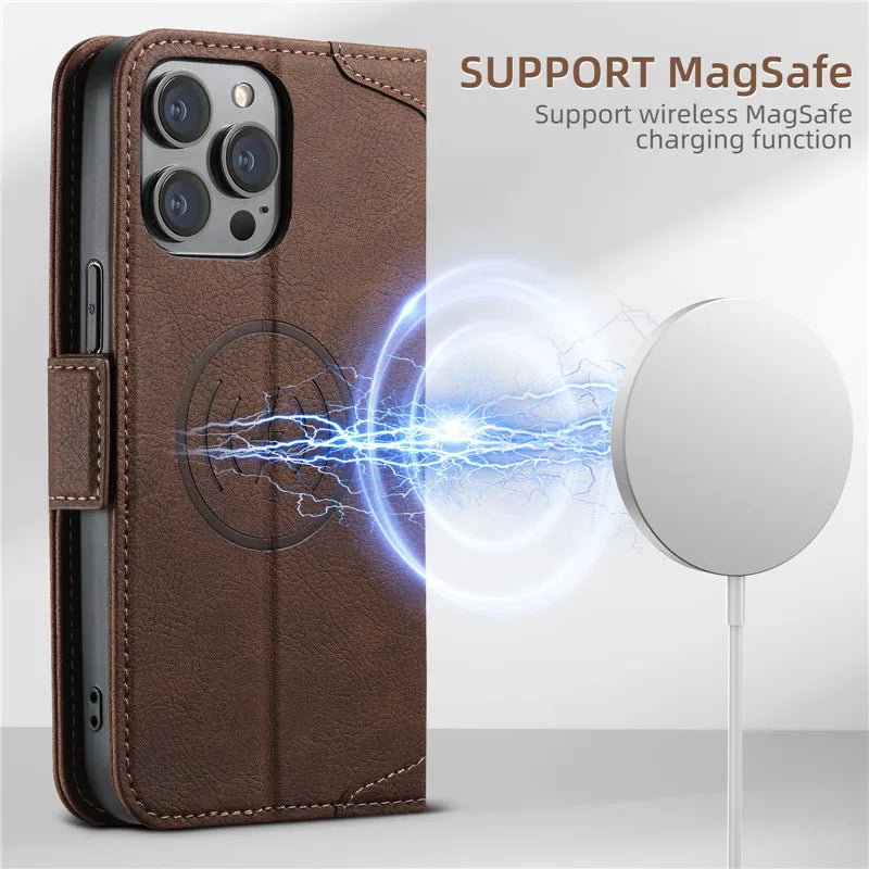 Magsafe Business Leather Wallet Phone Case For iPhone 12 13 14 15 Pro Max Plus 16 17 Pro Max With Flip Card Holder Cover