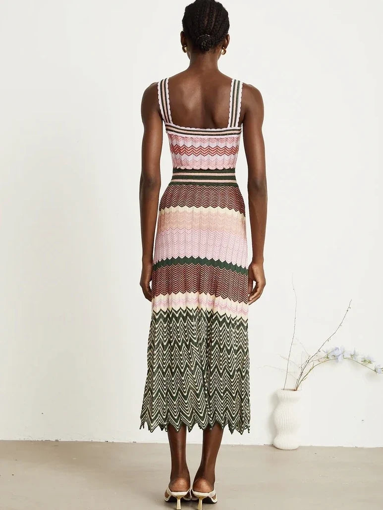 Luxury Brand Design Knitted Zigzag High Elasticity Color Sleeveless Long Maxi Dress Women Arab Africa Popular Boho Lady Skirt