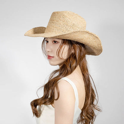 Hand-crocheted Natural Raffia Straw Cowboy Hat for Women Men Summer Wide Brim Sun Hat Outdoor Breathable Beach Caps
