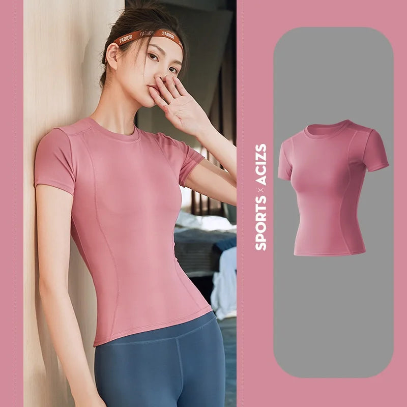 Women's Sports Fitness Clothing Slim Running Sweat Absorbing Skinny Yoga Clothes Quick Drying Clothes Short Sleeved T-shirt
