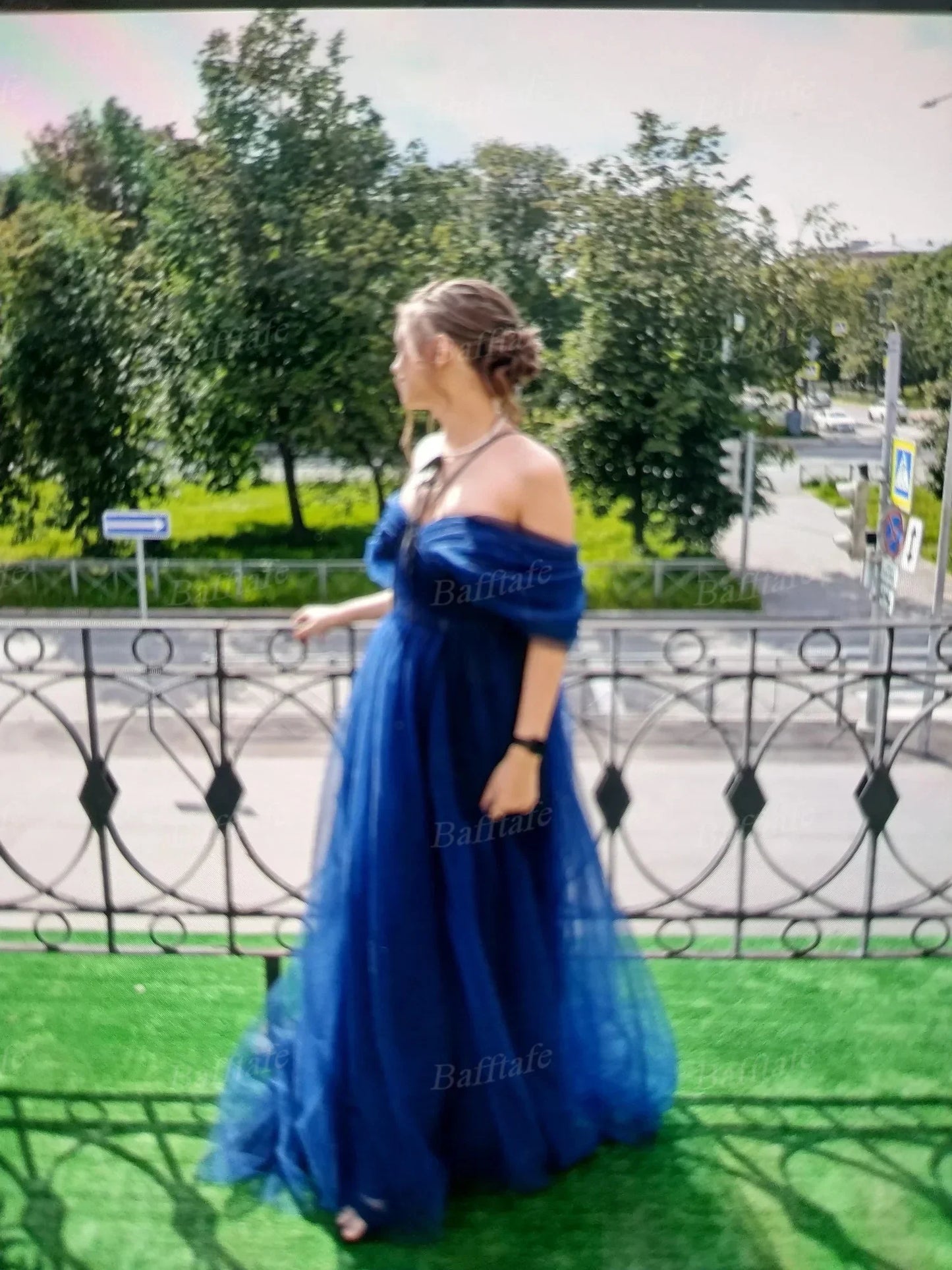Customized Pink Shiny Tulle Prom Dresses Off Shoulder Long Puff Sleeve Evening Party Gowns Slit Women Wedding Dress
