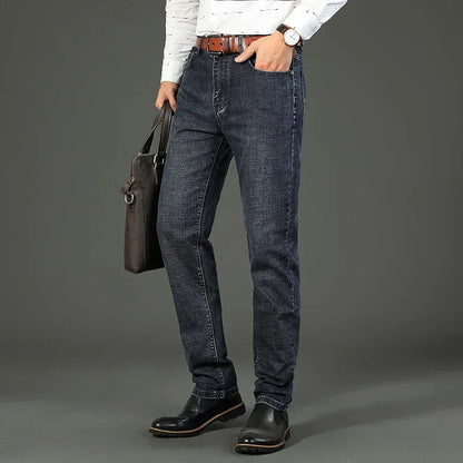 Business Men's Jeans Casual Straight Stretch Fashion Classic Blue Work Denim Trousers Male WTHINLEE Brand Clothing Size 28-40