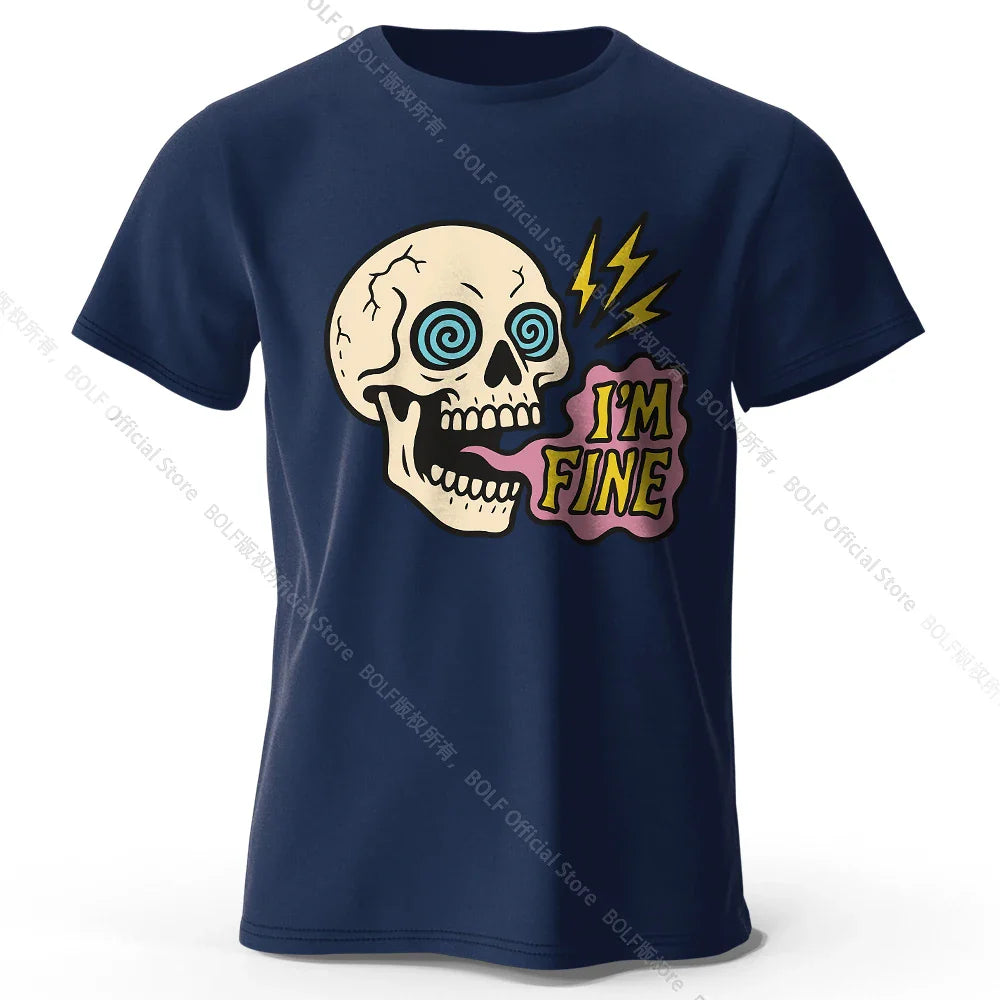 Men's I Am Fine Printed T-Shirt 100% Cotton Oversized Sarcastic Graphic Tees for Women Summer Tops Mood Streetwear