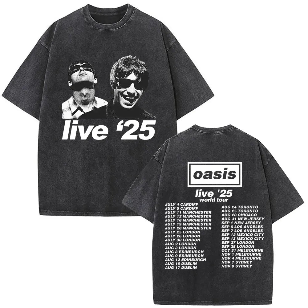 O-Oasis T-Shirts British Rock Band Vintage Washed T-shirt Men Women Clothing Cotton Casual Short Sleeve T Shirts Tops Streetwear