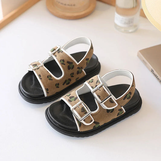 Kids Leopard Camo Double Buckle Roman Sandals, Thick Non-Slip Soft Elastic Rubber Sole Lightweight Children's Shoes,