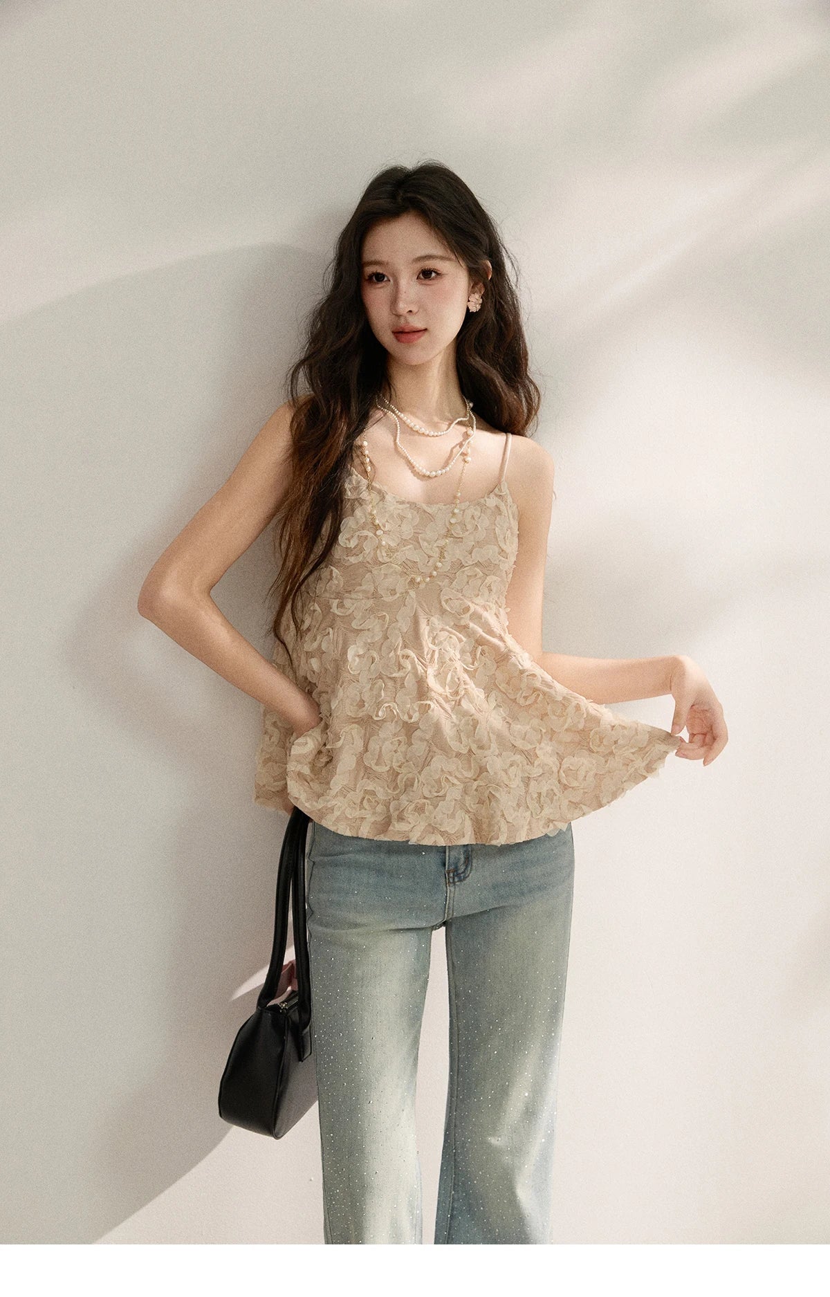 Women's Cherry Blossom Pink 3D Petal Camisole Tank Top 2026 Summer New Spaghetti Strap Ruffle Hem Inner Vest MXF16D2373
