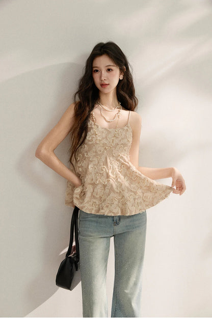 Women's Cherry Blossom Pink 3D Petal Camisole Tank Top 2026 Summer New Spaghetti Strap Ruffle Hem Inner Vest MXF16D2373