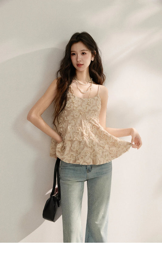 Women's Cherry Blossom Pink 3D Petal Camisole Tank Top 2026 Summer New Spaghetti Strap Ruffle Hem Inner Vest MXF16D2373