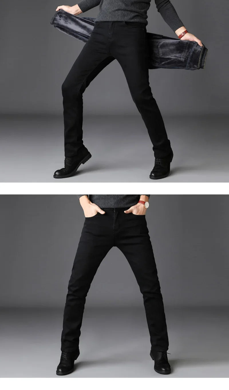 2025 New Business Casual Trousers Grey Fleece Men Clothes Black Blue Elasticity Warm Winter Jeans Velvet Jeans 28-40