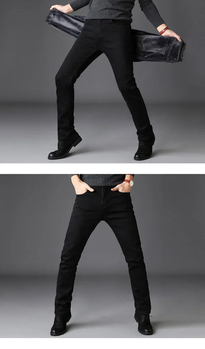 2025 New Business Casual Trousers Grey Fleece Men Clothes Black Blue Elasticity Warm Winter Jeans Velvet Jeans 28-40