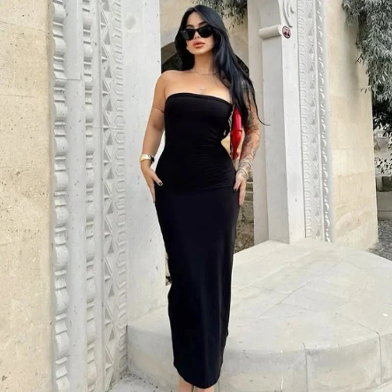 2025 Womens Strapless Dresses Summer Off White Black White Dress Midi Ruffled Off Shoulder Backless Dress Prom Vestidos 066
