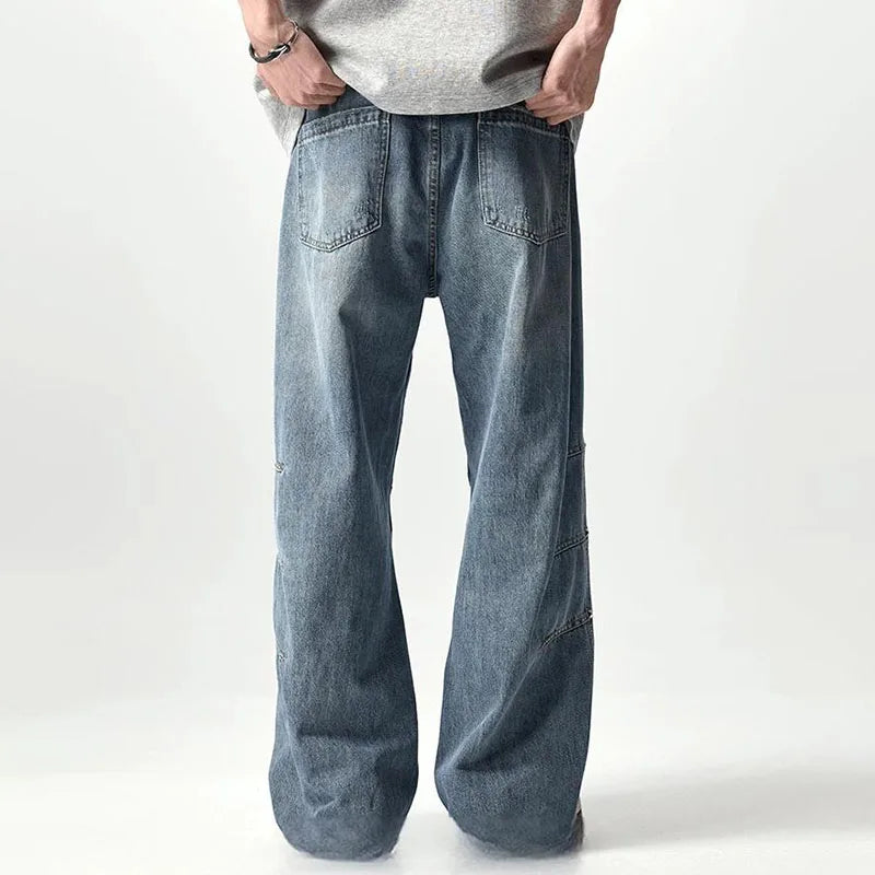 Japanese And Korean Retro Straight Leg Jeans With Loose Fit Men'S Workwear Wide Leg Pants High Street Casual Curved Knife Pants